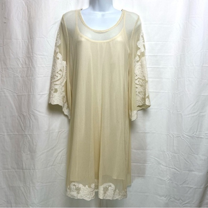 Umgee Tan Mesh &‎ Slip Dress With White Lace Appliqué on Arms & Bottom Sz.Small